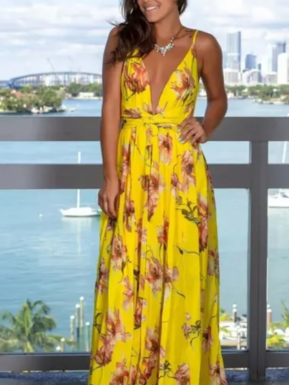Sunlit Floral Yellow wedding guest Maxi Dress with Plunging V-Neck